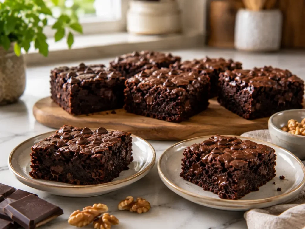 Fudgy chocolate brownies served on ceramic plates in a bright cozy kitchen