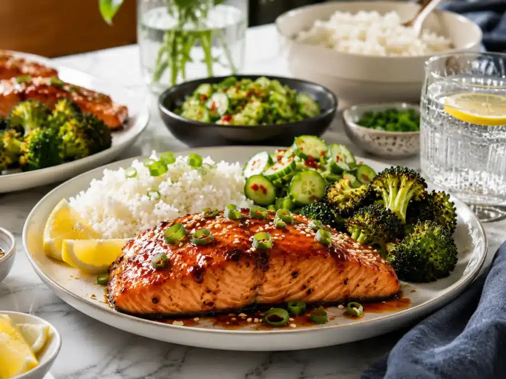 Sweet and spicy salmon served with healthy side dishes