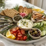 Tinned fish snack plate served with crackers and fresh vegetables