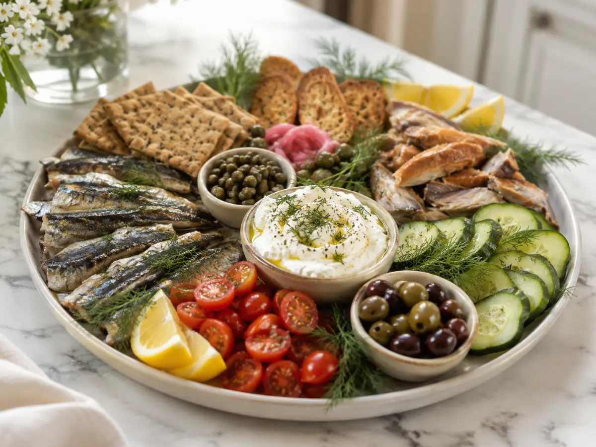 Tinned fish snack plate served with crackers and fresh vegetables