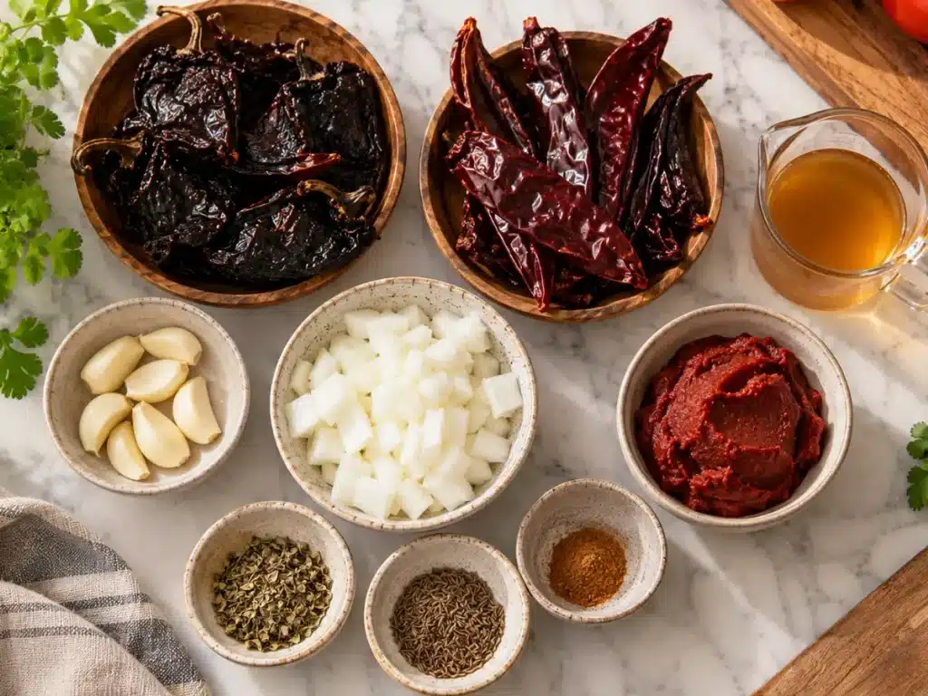 Dried chiles, garlic, onion, vinegar, tomato paste, and spices prepared for homemade adobo sauce