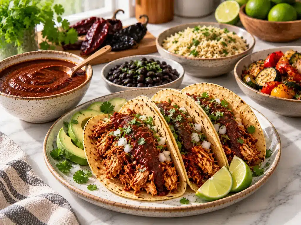Adobo sauce served with chicken tacos, beans, rice, and roasted vegetables