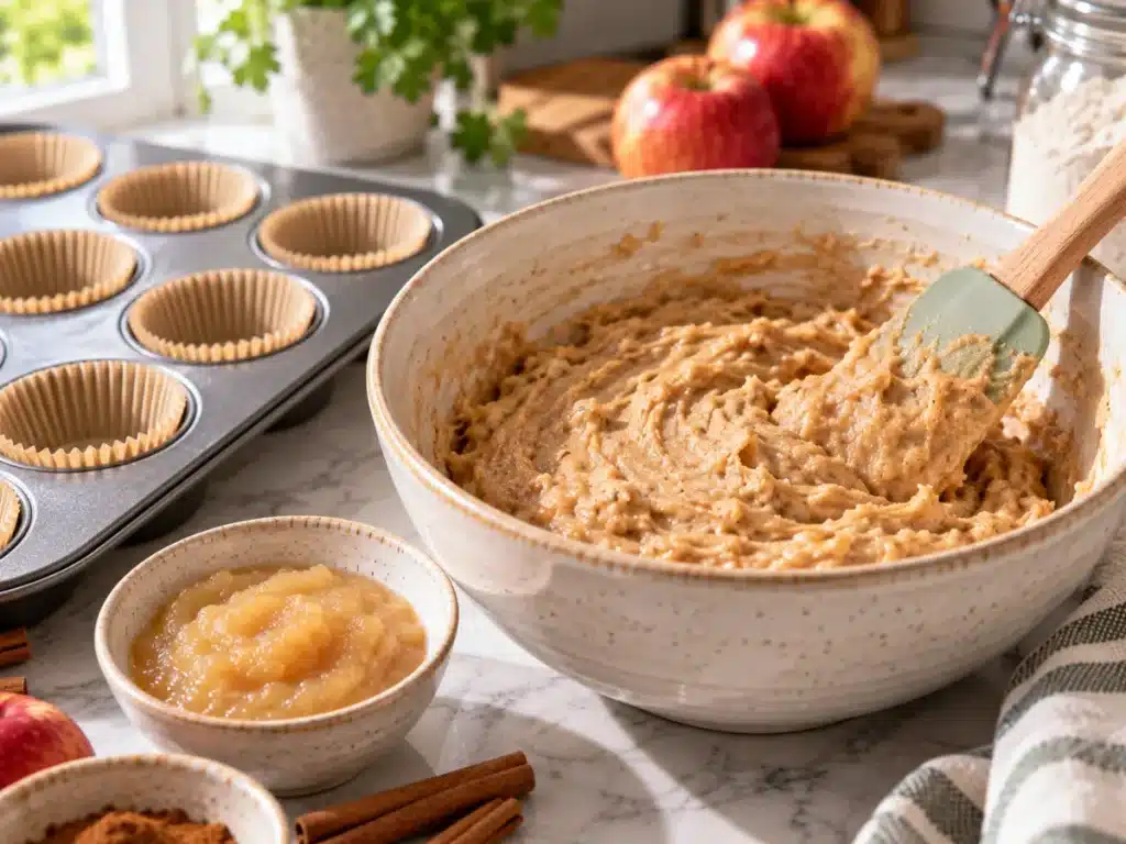 Applesauce Muffins: Easy, Moist and Flavorful 3 Thick applesauce muffin batter being gently folded before baking.