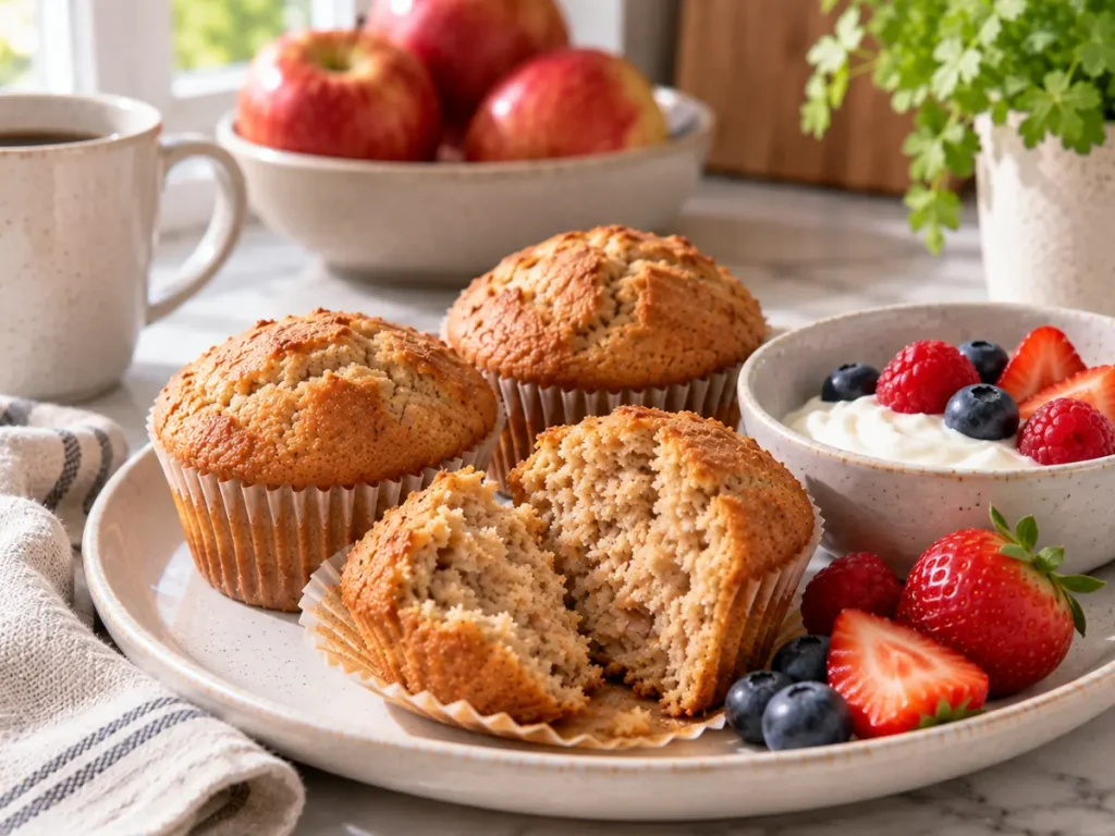 Applesauce Muffins: Easy, Moist and Flavorful 5 Applesauce muffin served with Greek yogurt and fresh fruit for breakfast.