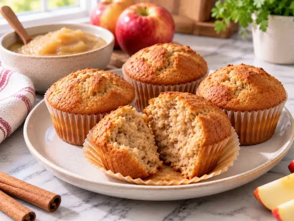 Applesauce Muffins: Easy, Moist and Flavorful 12 Moist applesauce muffins with cinnamon and fresh apples on a marble kitchen countertop.