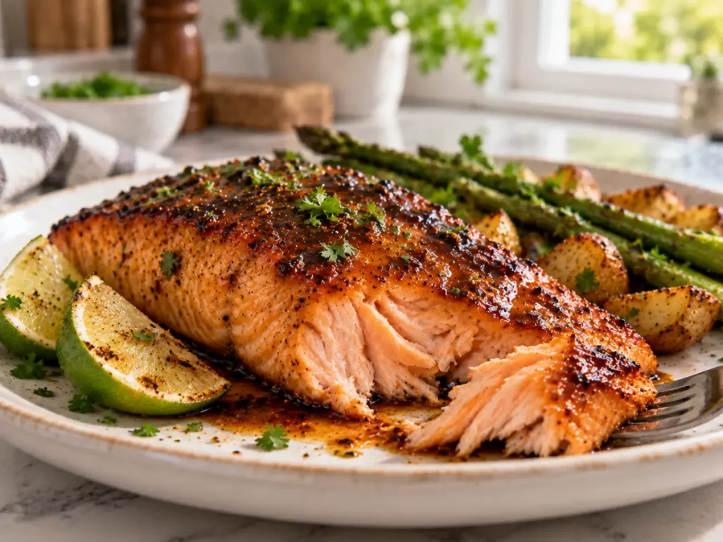 Perfectly cooked bourbon glazed salmon with a moist flaky center