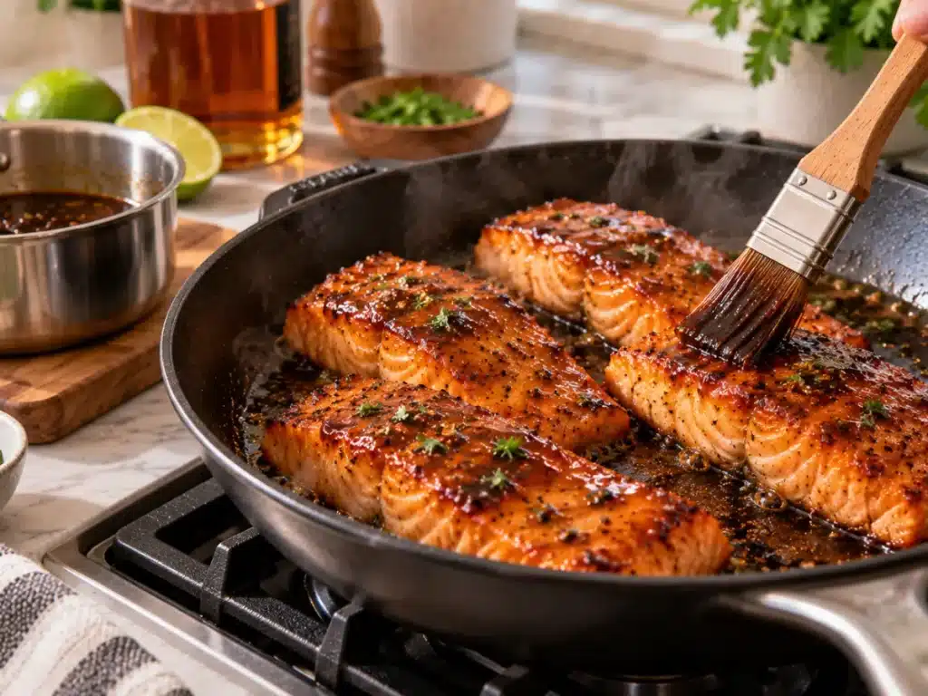 Salmon searing in a skillet before finishing with glossy bourbon glaze