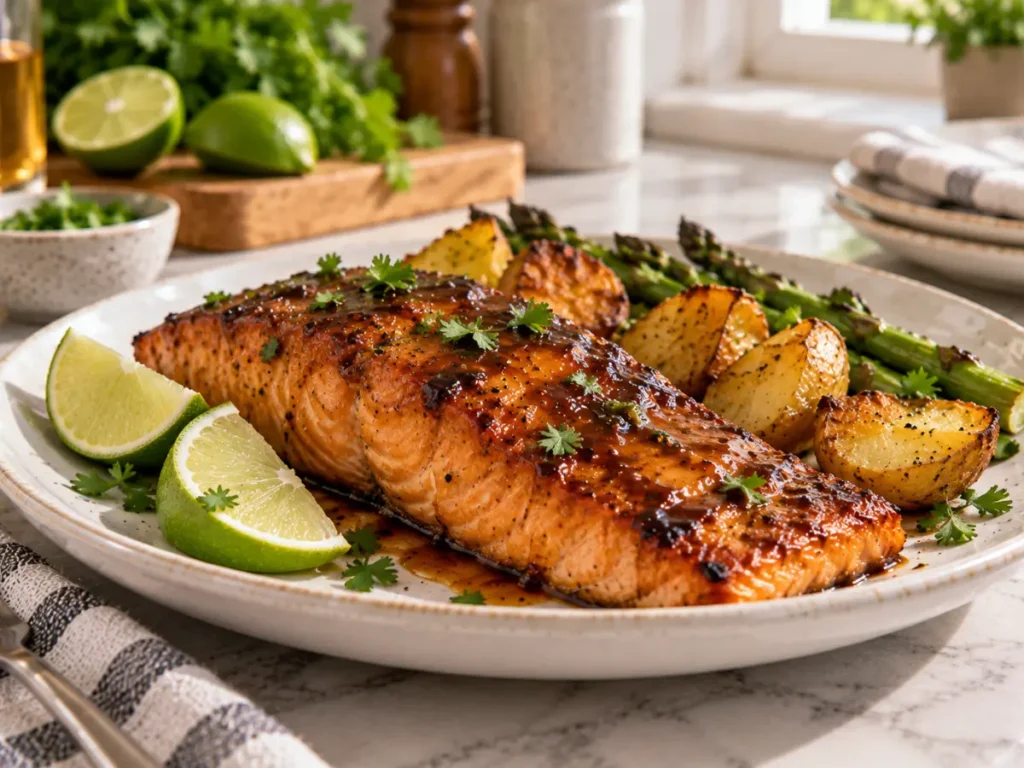 Bourbon salmon marinade with tender glazed salmon on a white plate