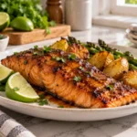 Bourbon salmon marinade with tender glazed salmon on a white plate
