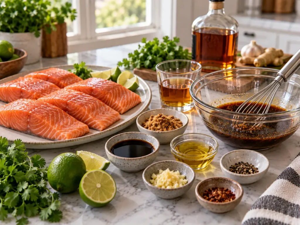 Fresh salmon and ingredients ready for a sweet and savory bourbon marinade