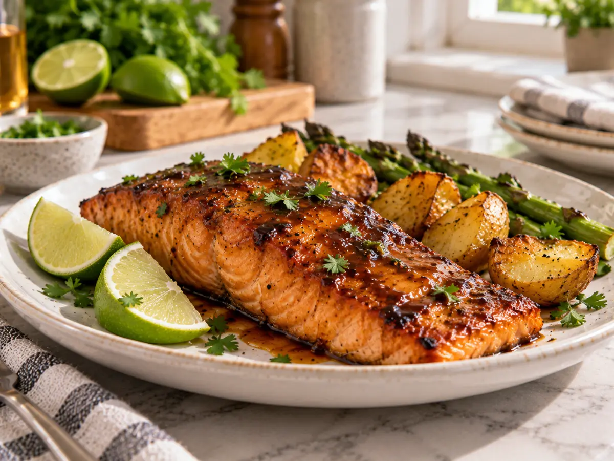 Bourbon salmon marinade with tender glazed salmon on a white plate