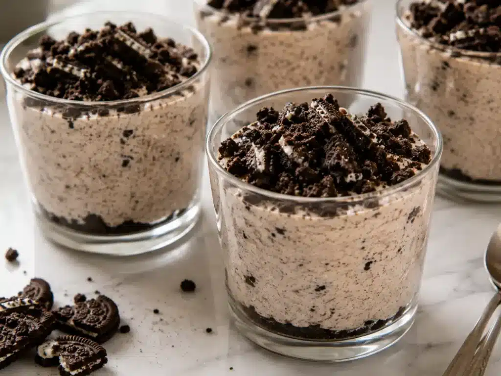 Four creamy Oreo protein cheesecake portions topped with cookie crumbs