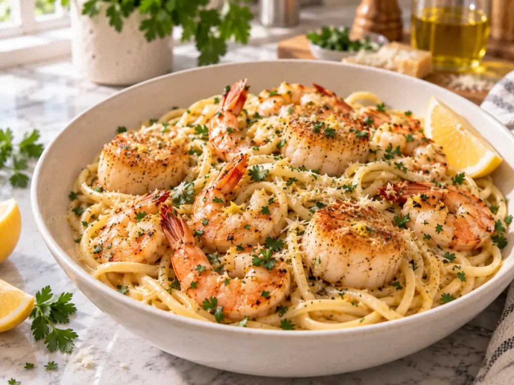 Linguine with golden scallops, tender shrimp, parsley, Parmesan, and lemon