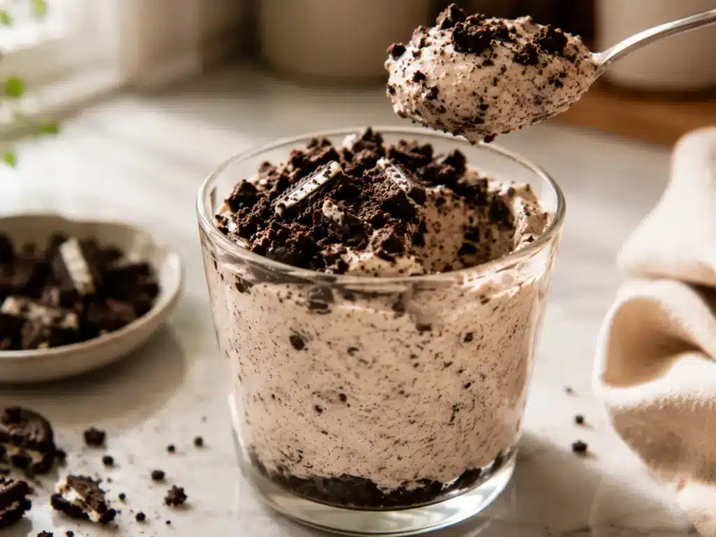 Chilled Oreo cheesecake served with creamy filling and crunchy cookie pieces