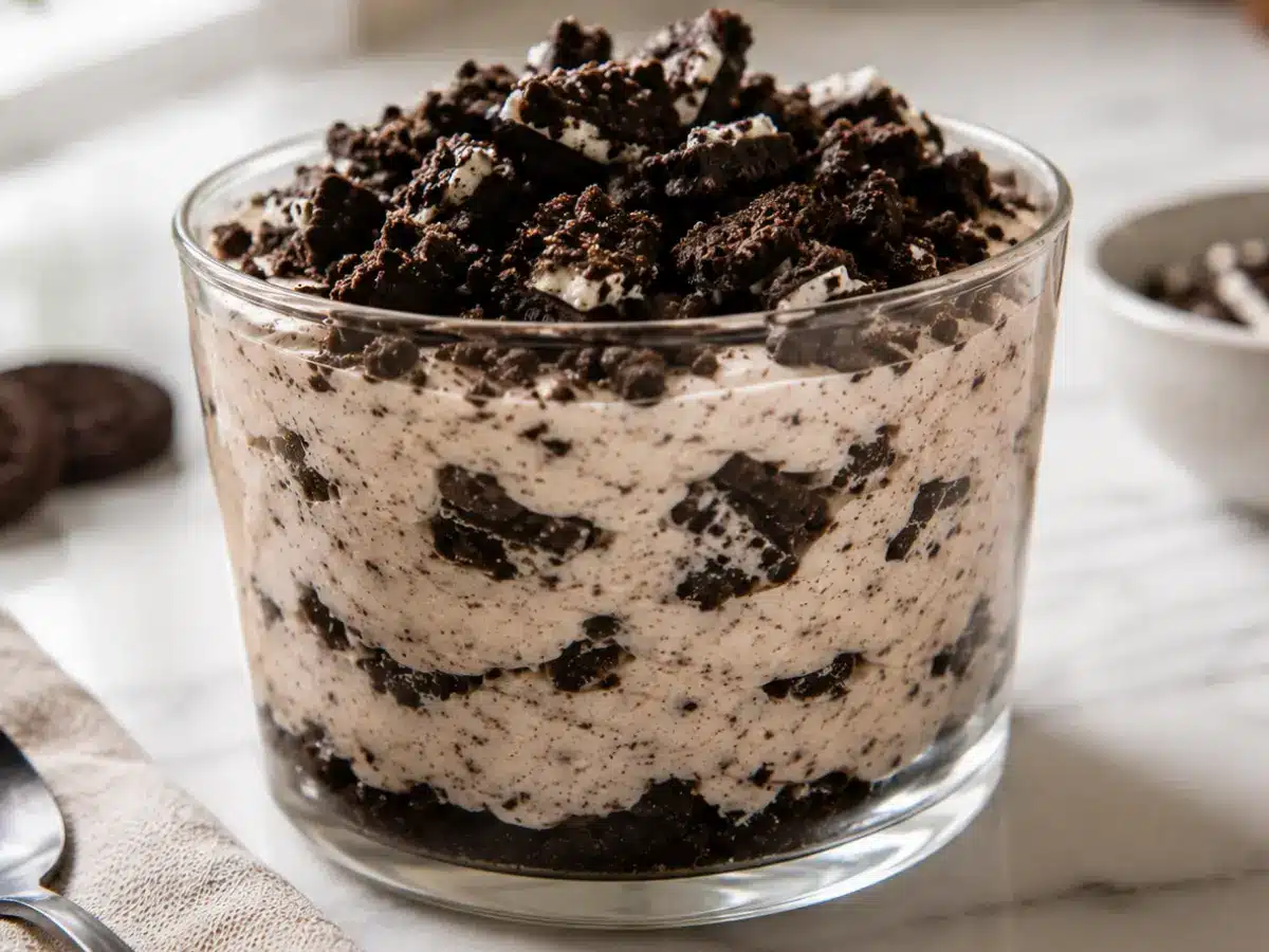 High protein Oreo Cheesecake with creamy filling and crushed Oreo topping