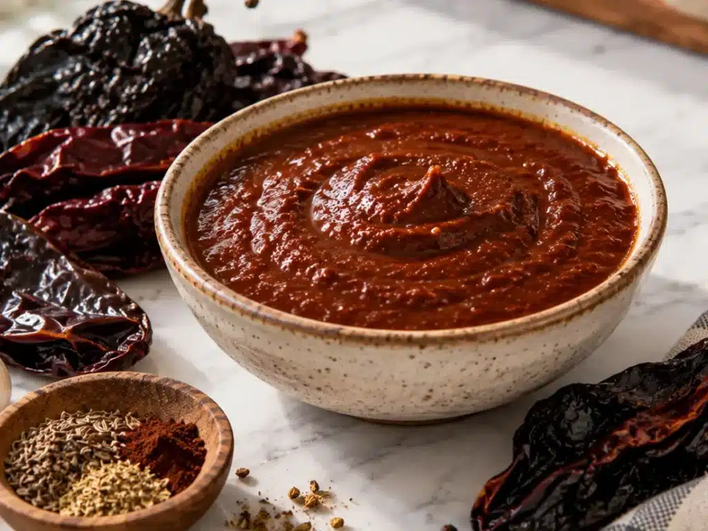 Homemade adobo sauce with dried ancho and guajillo chiles on a marble countertop