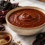 Homemade adobo sauce with dried ancho and guajillo chiles on a marble countertop