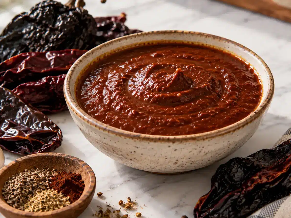 Homemade adobo sauce with dried ancho and guajillo chiles on a marble countertop