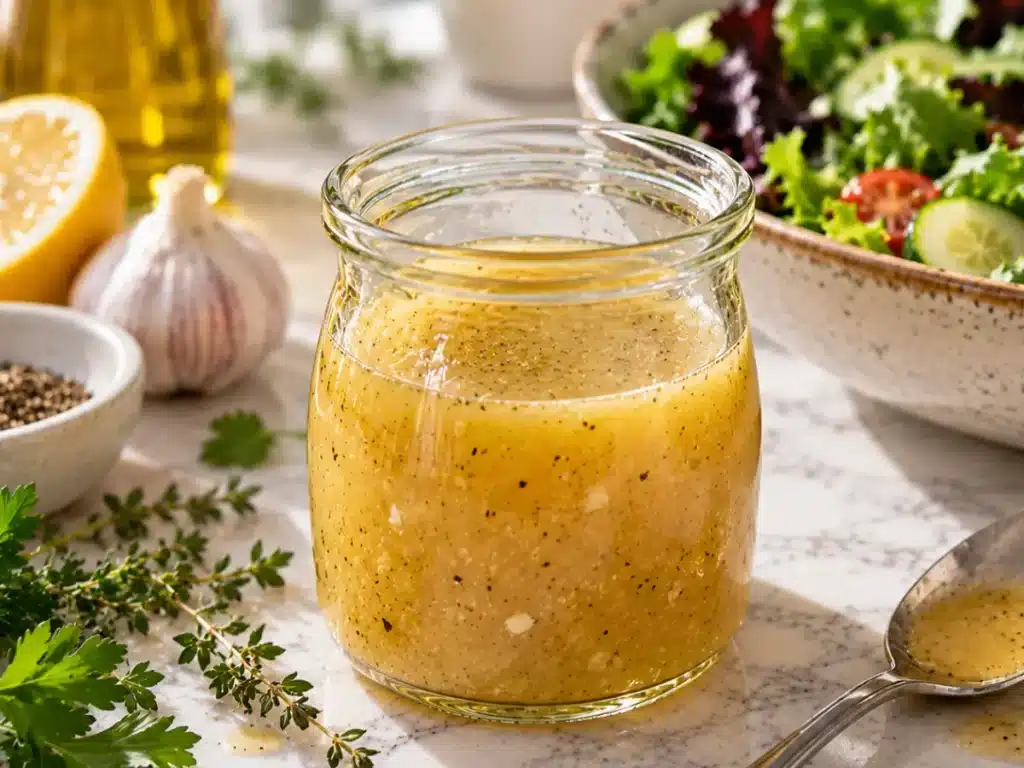 Finished pale golden white balsamic dressing with a smooth emulsified texture