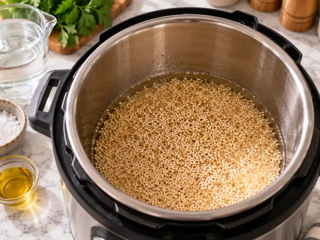 Instant Pot Quinoa Recipe: Easy, Fluffy and Reliable 3 Quinoa and measured water inside an Instant Pot before pressure cooking