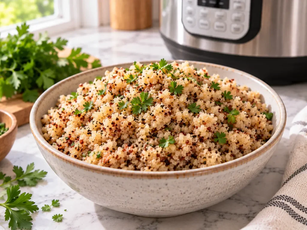 Instant Pot Quinoa Recipe: Easy, Fluffy and Reliable 11 Instant pot quinoa recipe with fluffy cooked quinoa in a bowl beside a pressure cooker
