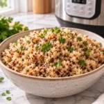 Instant pot quinoa recipe with fluffy cooked quinoa in a bowl beside a pressure cooker