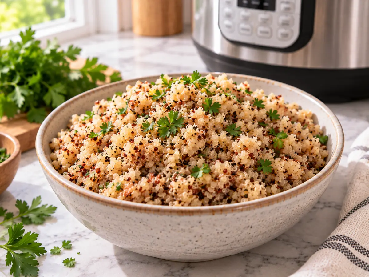 Instant pot quinoa recipe with fluffy cooked quinoa in a bowl beside a pressure cooker
