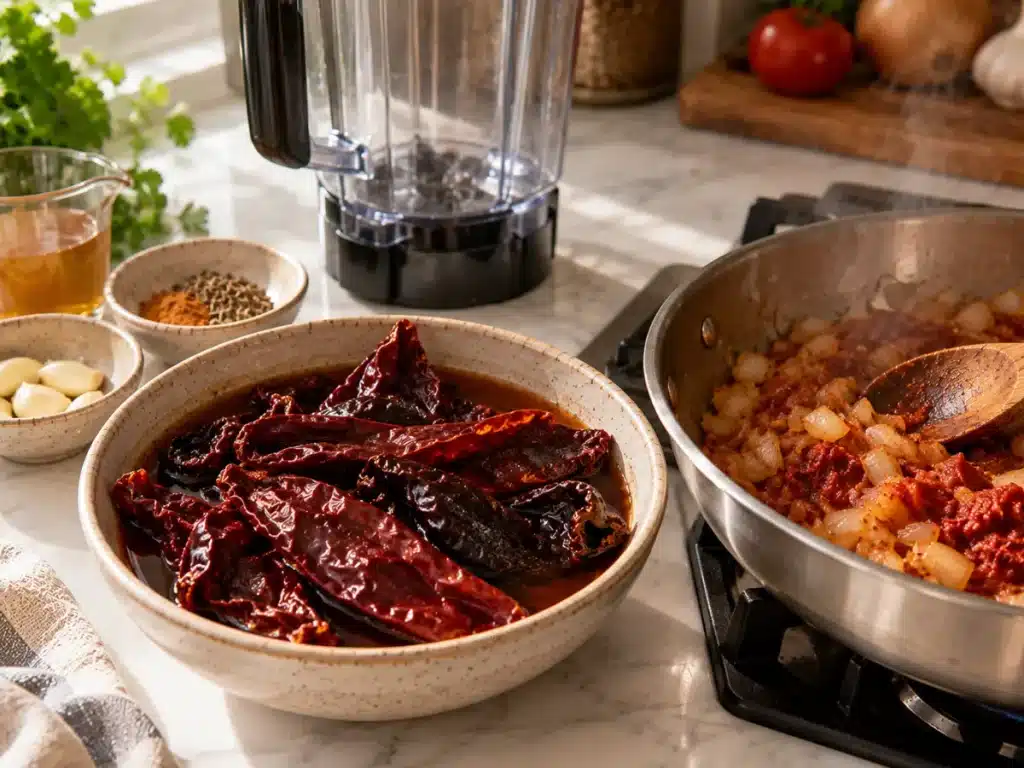 Softened dried chiles and cooked aromatics ready to blend into smooth adobo sauce