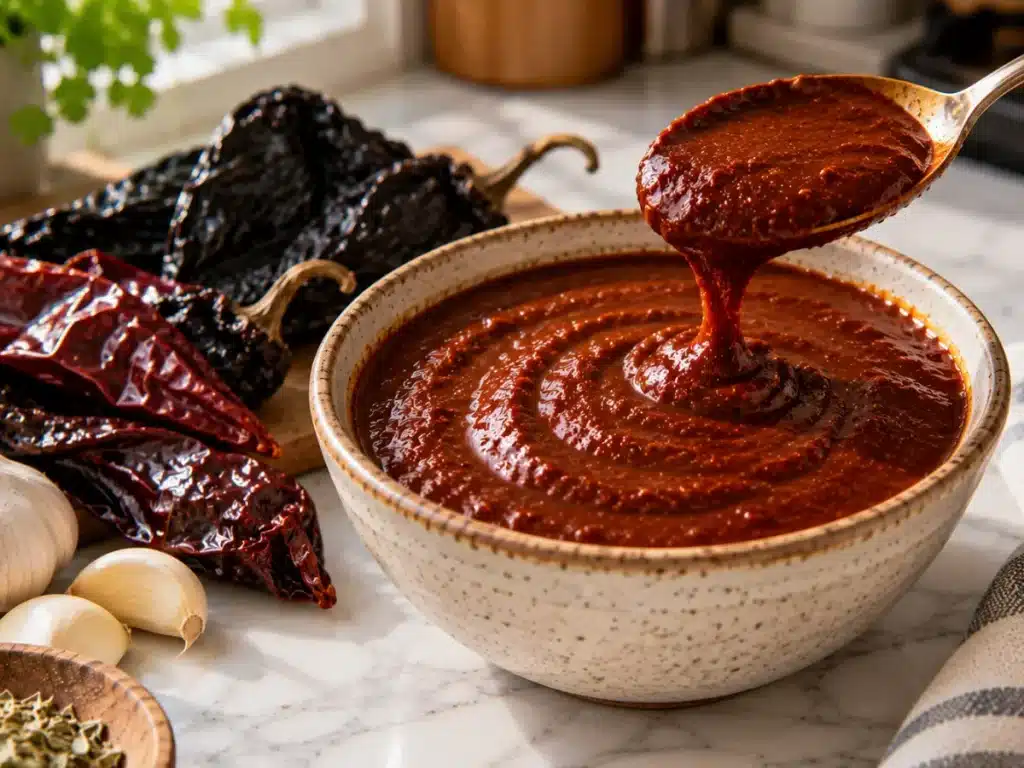 Smooth finished Mexican adobo sauce with a rich red color and spoon coating texture