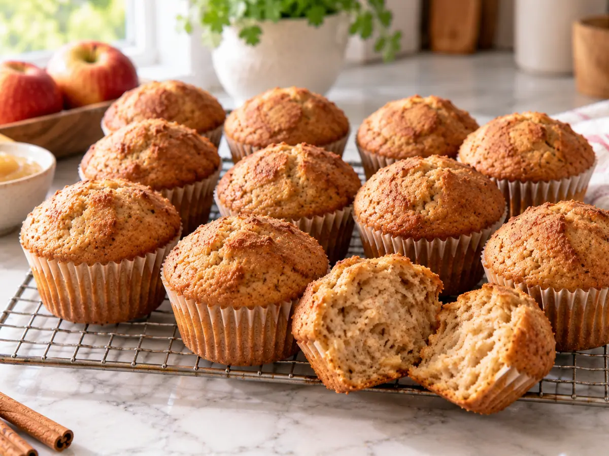 Applesauce Muffins: Easy, Moist and Flavorful 4 Golden homemade muffins cooling on a rack with a soft apple cinnamon crumb.