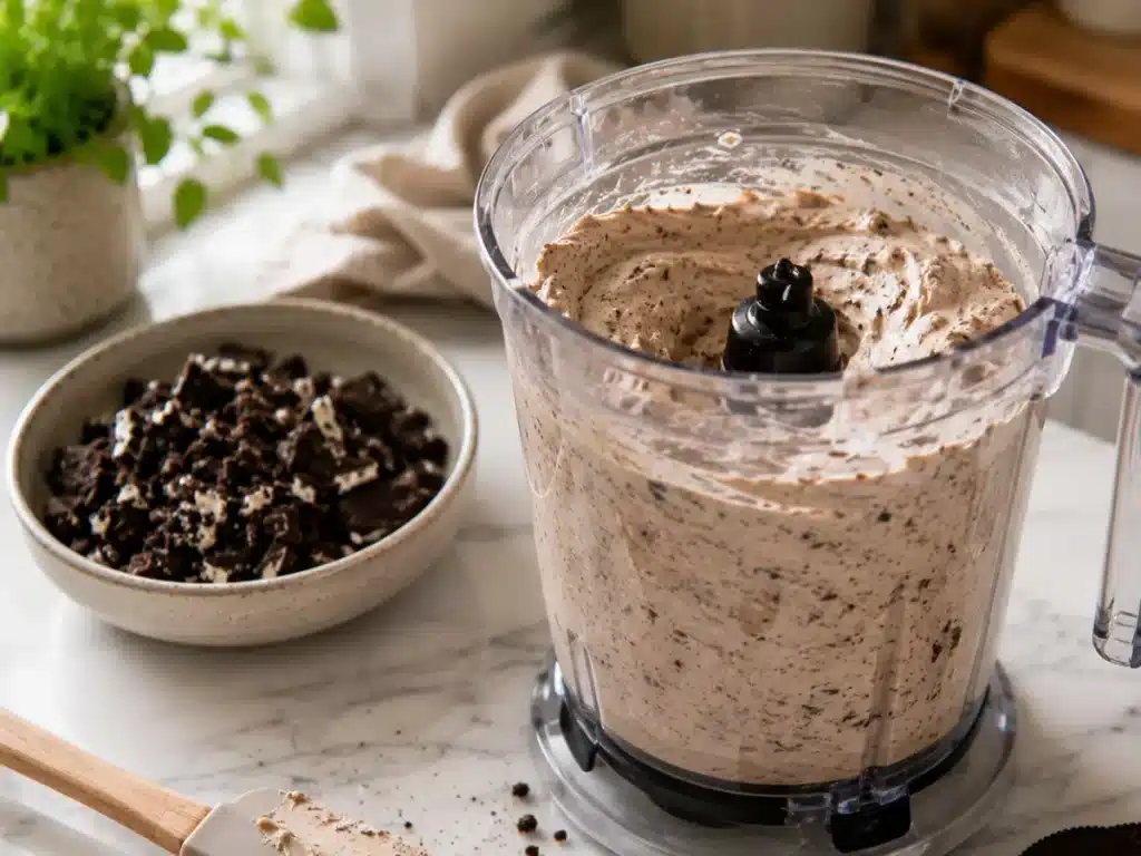 Smooth protein cheesecake filling being prepared with Oreo pieces nearby