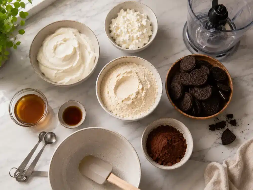 Ingredients for creamy high protein Oreo cheesecake arranged beside a blender