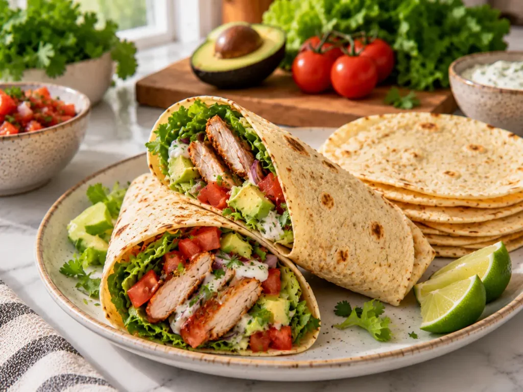 Homemade protein tortillas served with chicken, vegetables, and avocado