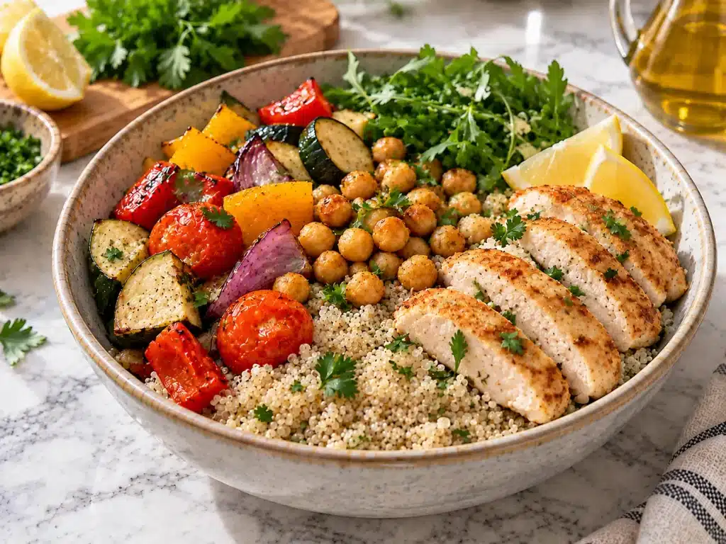Instant Pot Quinoa Recipe: Easy, Fluffy and Reliable 5 Quinoa meal bowl served with chicken, chickpeas, vegetables, herbs, and lemon