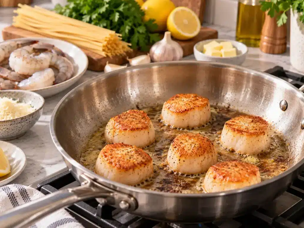 Sea scallops developing a golden crust in a hot skillet