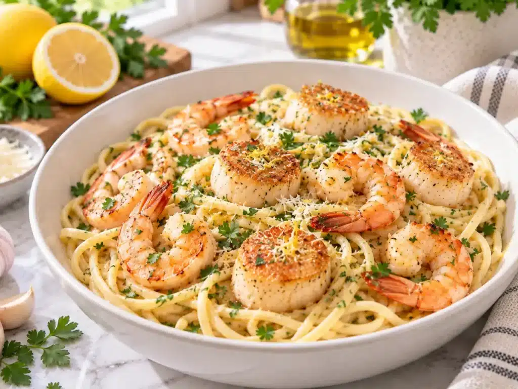 Shrimp and scallop pasta with linguine, golden scallops, shrimp, and garlic lemon sauce