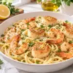 Shrimp and scallop pasta with linguine, golden scallops, shrimp, and garlic lemon sauce