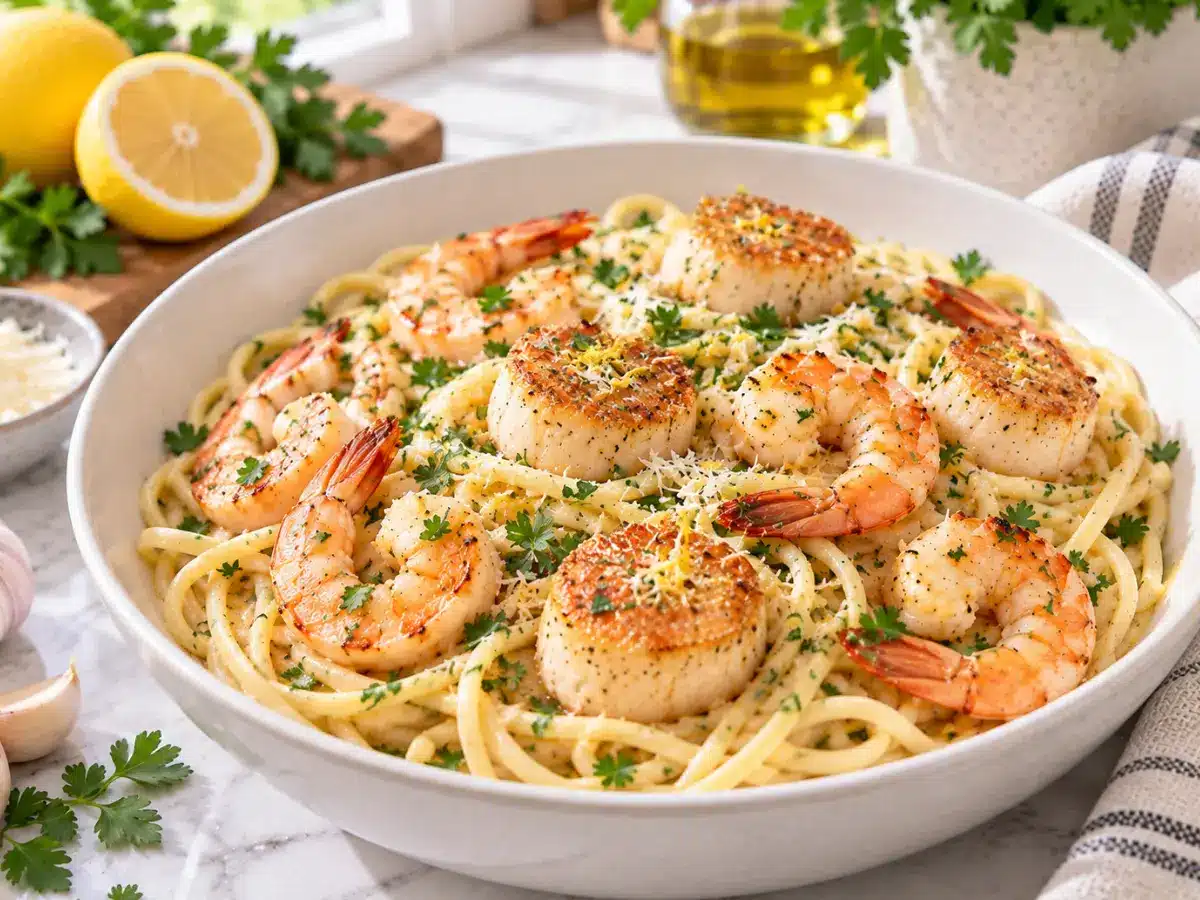 Shrimp and scallop pasta with linguine, golden scallops, shrimp, and garlic lemon sauce