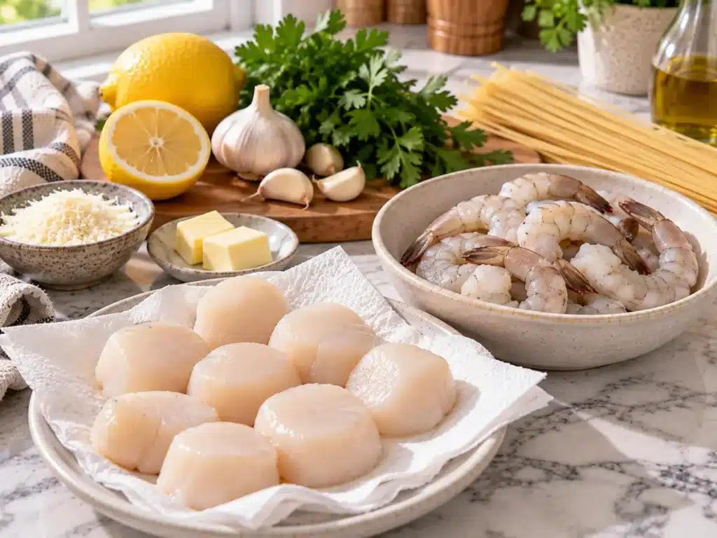 Shrimp and scallops prepared with garlic, lemon, parsley, Parmesan, and linguine