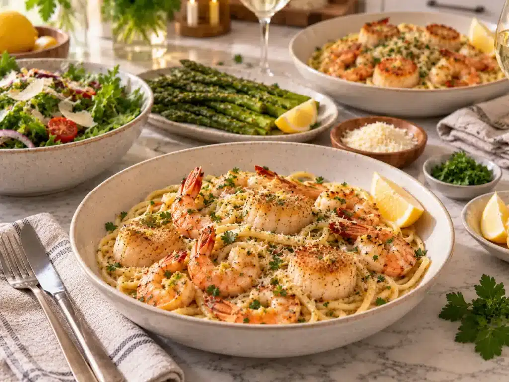 Seafood pasta served with roasted asparagus and a fresh green salad