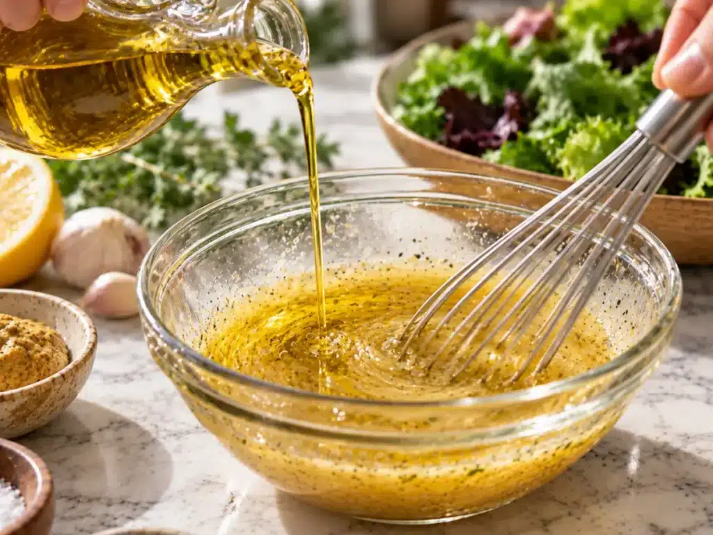 Olive oil being whisked into white balsamic vinegar to create a smooth vinaigrette