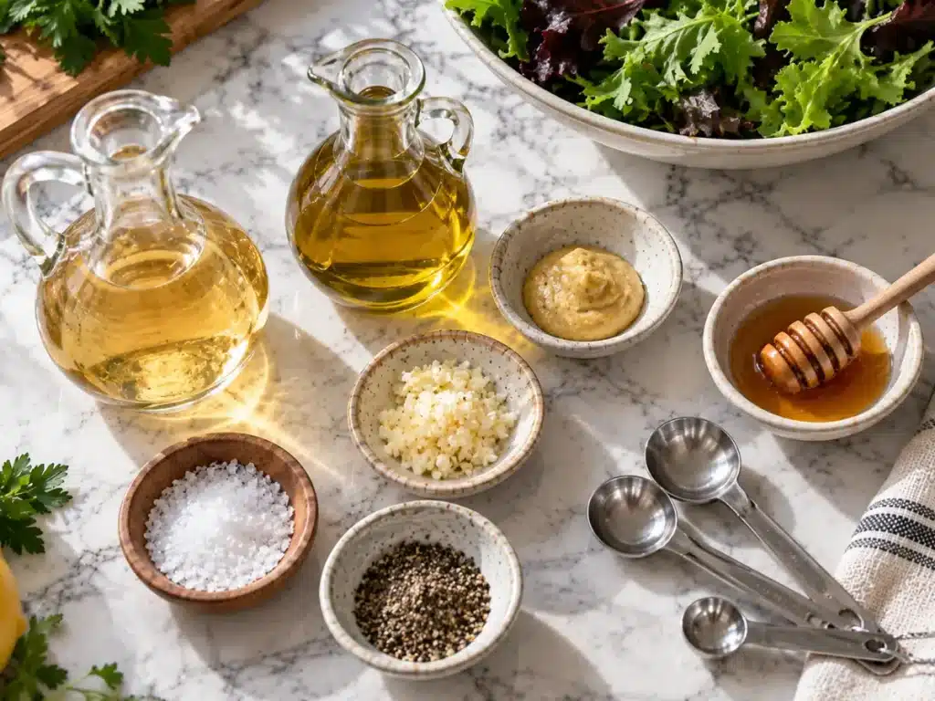 Ingredients for homemade white balsamic dressing arranged on a marble kitchen countertop
