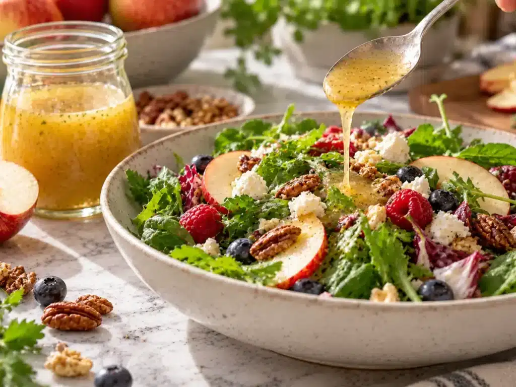 White balsamic dressing drizzled over a fresh salad with greens, fruit, nuts, and cheese