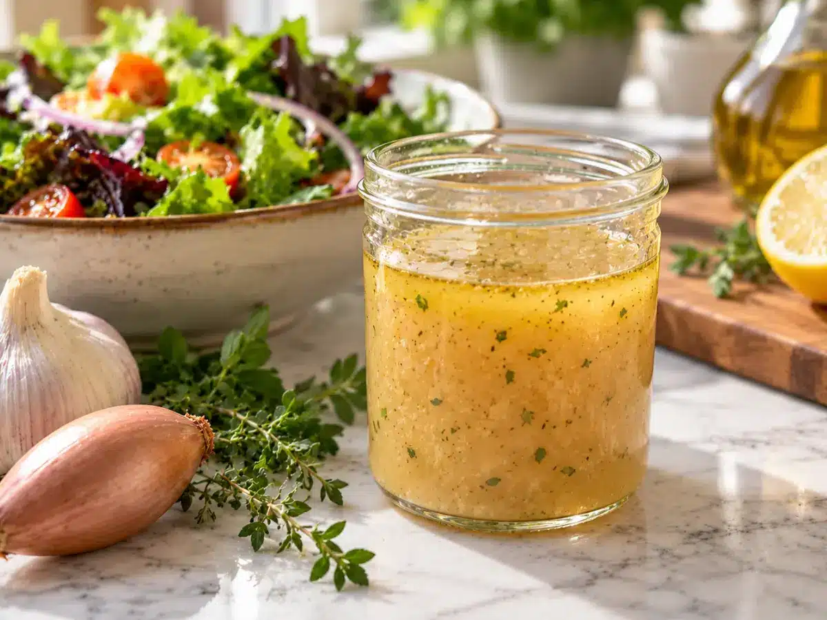 White balsamic Vinaigrette in a glass jar beside fresh salad greens on a marble countertop