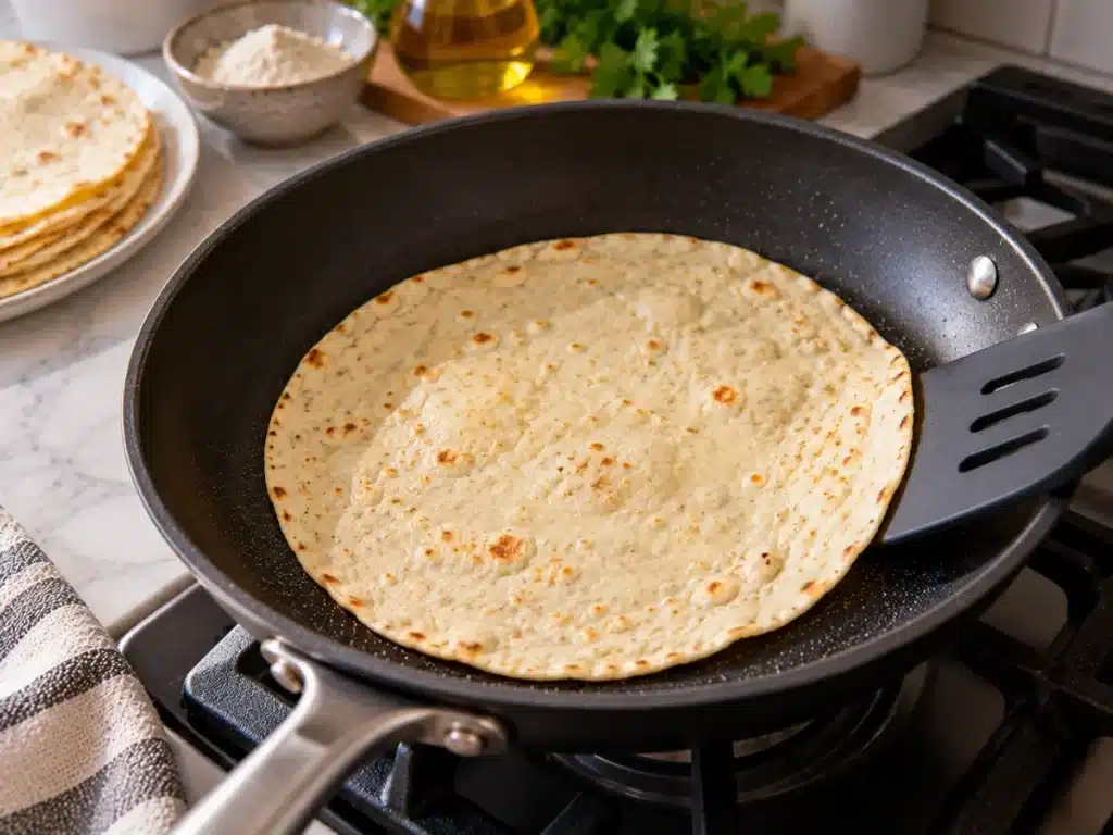 Thin protein tortilla cooking gently in a nonstick skillet before flipping