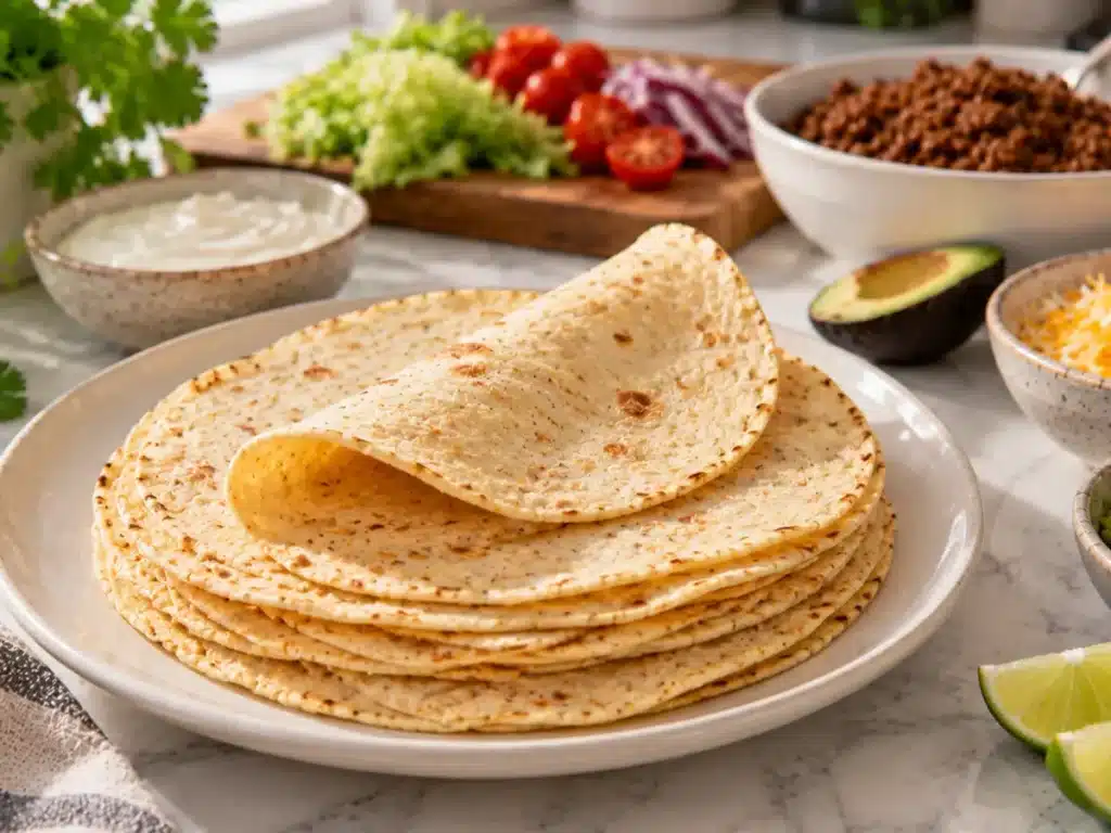 Zero carb Tortillas stacked on a plate with a soft, flexible texture