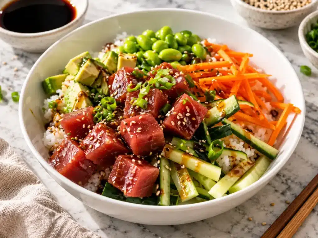 Ahi Tuna Poke: Easy and Flavorful Homemade Recipe 4 Finished tuna poke bowl topped with sesame seeds, green onions, avocado, and fresh vegetables