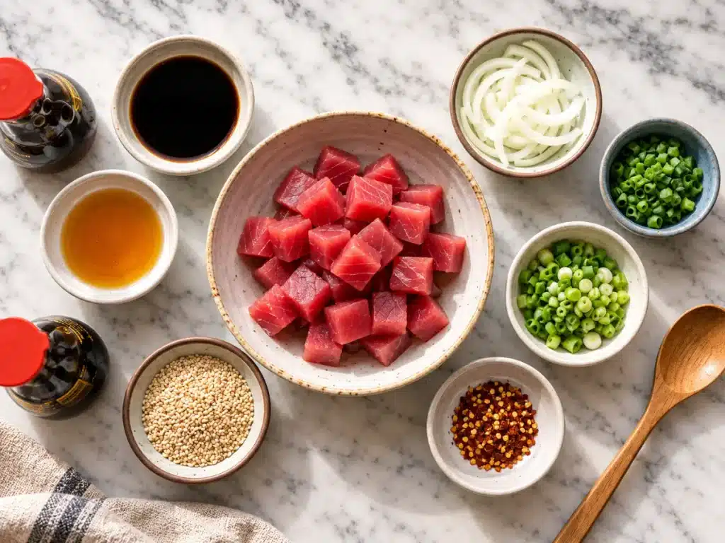 Ahi Tuna Poke: Easy and Flavorful Homemade Recipe 2 Fresh cubed ahi tuna with soy sauce, sesame oil, ginger, and vegetables ready for preparation