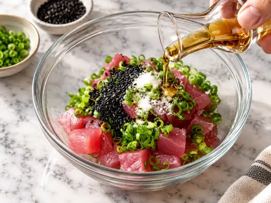 Ahi Tuna Poke: Easy and Flavorful Homemade Recipe 3 Cubed ahi tuna gently mixed with sesame soy marinade, ginger, and green onions