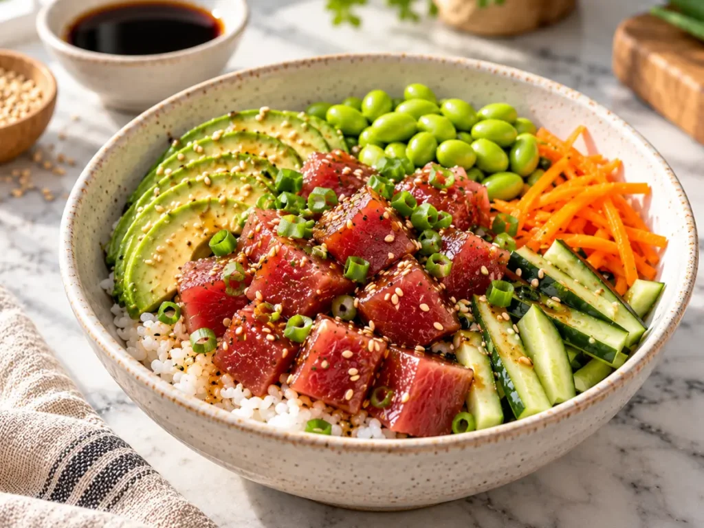 Ahi Tuna Poke: Easy and Flavorful Homemade Recipe 11 Ahi tuna poke bowl with fresh tuna, avocado, cucumber, edamame, and sesame rice